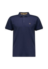 Polo bleu marine à manches courtes, avec un motif texturé, un col à trois boutons et un petit logo brodé sur la poitrine.