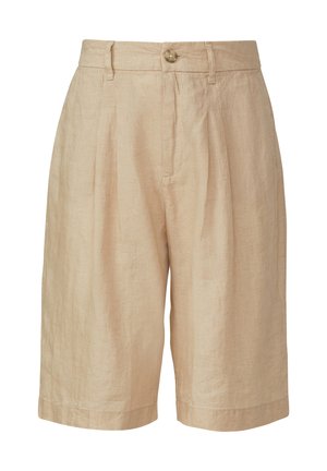 Beige linnen shorts met een hoge taille, riemlussen, voorplooien, een knoopsluiting en een gulp met rits.
