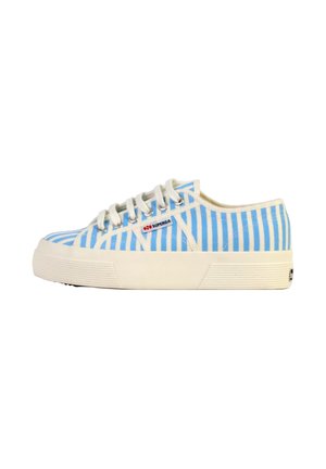 Blue and white striped canvas sneaker with lace-up closure, rubber sole, and prominent branding on the side. Textured white outsole.