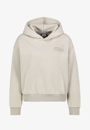 Hellgraue, kurz geschnittene Kapuzenjacke aus weichem Stoff. Mit einer großen Kapuze, langen Ärmeln und bedrucktem Text auf der linken Vorderseite. Rippbündchen und Saum.
