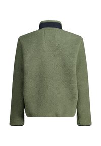 Green fleece pullover with a textured surface, stand-up collar, and navy accents at the neck and cuffs. Simple, boxy design.