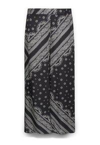 Zwarte wijde pantalons met een paisley- en bloemenpatroon in het wit. Gemaakt van lichte stof met een soepele textuur en een relaxte pasvorm.