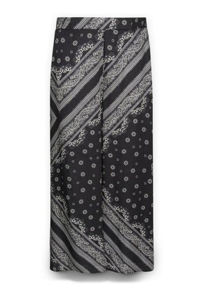 Schwarze weit geschnittene Hose mit einem Paisley- und Blumenmuster in Weiß. Hergestellt aus leichtem Stoff mit glatter Textur und entspanntem Schnitt.