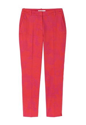 Pink trousers with a floral pattern, featuring a straight-leg design, flat front, and side pockets. Made from a smooth fabric.