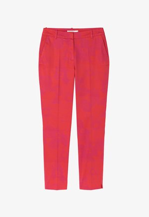 Vaaleanpunaiset housut kukkakuviolla, suoran lahkeen muotoilu, litteä etuosa ja sivutaskut. Valmistettu sileästä kankaasta.