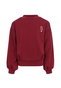 Rode sweatshirt met lange mouwen, ribgebreide boorden en onderzoom, met een kleine roze geborduurde "Q" en een hartje op de linkerborst.