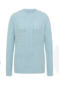 Jasnoniebieski sweter z dzianiny z wzorem w warkocze, okrągłym dekoltem oraz ściągaczami przy mankietach i dolnym wykończeniu. Miękka tekstura i luźny krój.