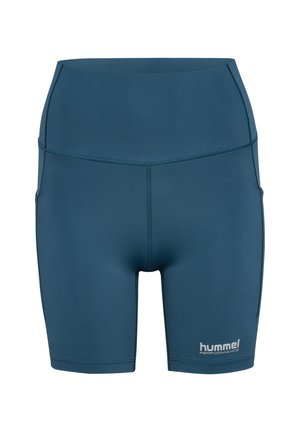 Hoge taille, teal sportshorts gemaakt van rekbaar materiaal, met platte naden en een logo-accent. Soepele textuur, halverwege de dij lengte.