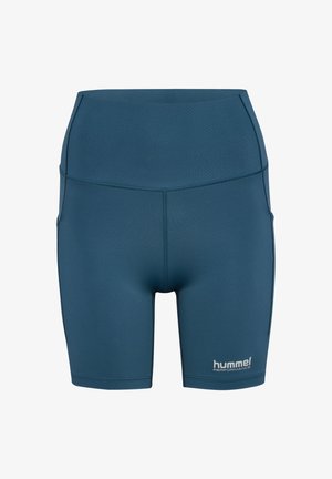 Hoge taille, teal sportshorts gemaakt van rekbaar materiaal, met platte naden en een logo-accent. Soepele textuur, halverwege de dij lengte.