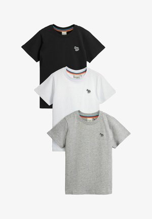 Set aus drei Baumwoll-T-Shirts in Schwarz, Weiß und Grau. Jedes hat einen Rundhalsausschnitt und ein kleines gesticktes Tier-Logo auf der Brust.