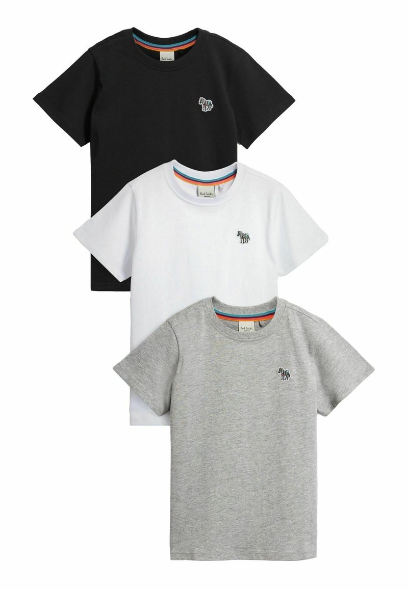 Set di tre t-shirt in cotone, nei colori nero, bianco e grigio. Ognuna ha un collo rotondo e un piccolo logo di animale ricamato sul petto.