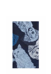 Tissu bleu et marine présentant des illustrations d'animaux, y compris un chat duveteux et deux chiens, avec un motif texturé.
