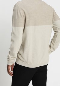 Helles beige gestricktes Sweatshirt mit einem strukturierten horizontalen Streifenmuster, gerippten Bündchen und Saum. Von hinten getragen, kombiniert mit schwarzen Hosen.