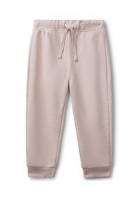 Světlé růžové tepláky s elastickým pasem, nastavitelným stahovacím šňůrkou, bočními švy a žebrovanými lemy. Měkká látka s hladkou strukturou.