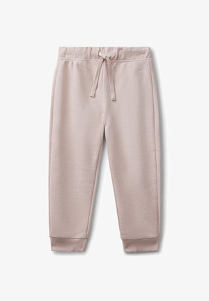 Hellrosa Jogginghose mit elastischem Bund, verstellbarem Kordelzug, Seitennähten und gerippten Bündchen. Weicher Stoff mit glatter Textur.