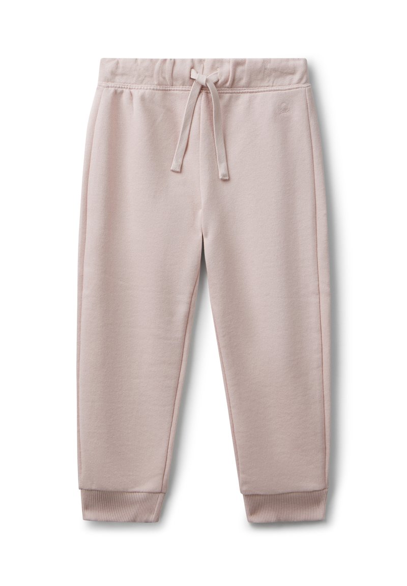 Světlé růžové tepláky s elastickým pasem, nastavitelným stahovacím šňůrkou, bočními švy a žebrovanými lemy. Měkká látka s hladkou strukturou.