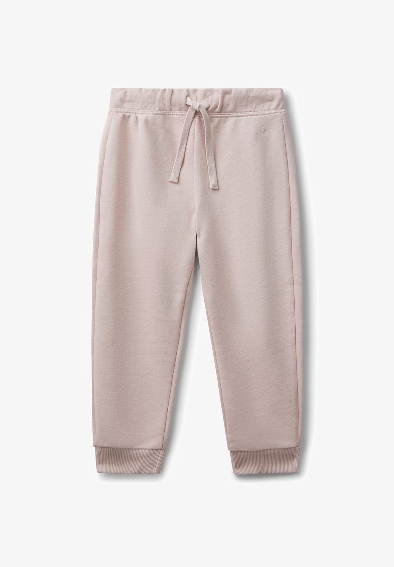 Světlé růžové tepláky s elastickým pasem, nastavitelným stahovacím šňůrkou, bočními švy a žebrovanými lemy. Měkká látka s hladkou strukturou.