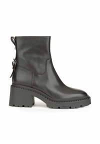 Stivali alla caviglia in pelle nera con tacco spesso e sagomato. Presentano una zip laterale e dettagli decorativi con un anello sul retro.