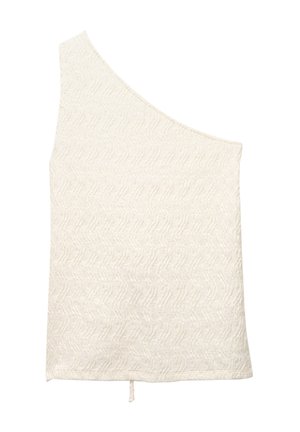 Asymmetrisches Top mit einem Schulterträger aus cremefarbigem Textilgewebe mit subtilen Zickzackmustern und einer kleinen Bindung am Saum.