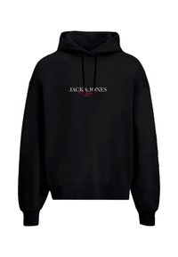 Sudadera negra con el texto frontal "JACK & JONES Originals Studio" en blanco y rojo, con capucha y cordones negros.