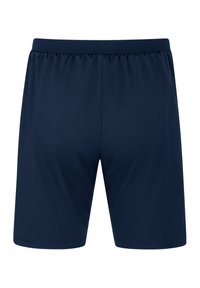 Marineblaue Sportshorts mit elastischem Bund, aus glattem, leichtem Material und ohne äußere Taschen oder Verzierungen.