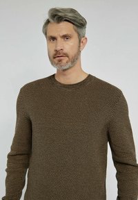 Brązowy sweter z fakturą, z okrągłym dekoltem i długimi rękawami, z małym, wypukłym wzorem na całej tkaninie.