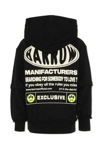 Felpa nera con un grande logo bianco sul retro. Presenta testo in grassetto, cappuccio con cordino ed elastico ai polsini. Tessuto morbido.