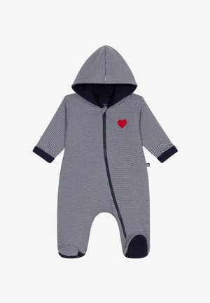Body per neonati a righe blu navy e bianche con cappuccio, caratterizzato da un'applicazione a forma di cuore rosso e una cerniera frontale. Tessuto morbido con scarpine incorporate ai piedi.
