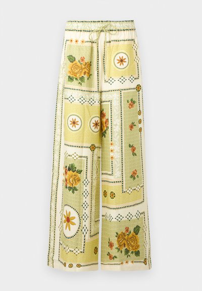 Παντελόνια με φαρδιά μπατζάκια με ανοιχτό κίτρινα λουλουδάτα και γεωμετρικά σχέδια, με ελαστική μέση και κορδόνι.
