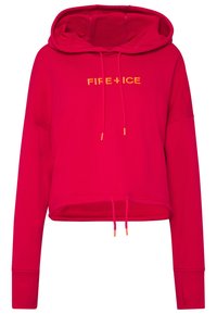 Sudadera recortada roja con cordón y la marca amarilla "FIRE + ICE". Cuenta con una gran capucha y mangas largas con orificios para los pulgares. Textura de tela suave.
