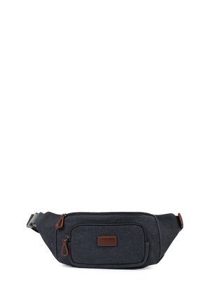 Banane en tissu gris foncé avec deux compartiments zippés et des tirettes en cuir marron, présentée sur fond blanc.