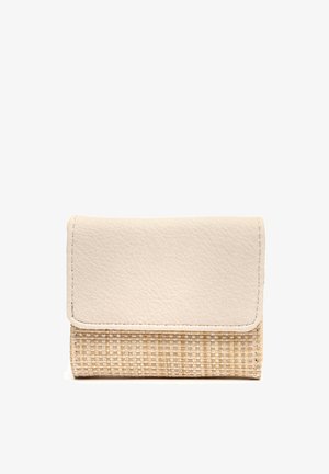 Small beige wallet with textured woven bottom half and smooth leather-like top flap, closed and standing upright on white background.