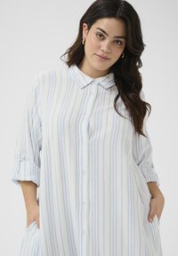 Chemise à boutons rayée en tissu doux, présentant des rayures verticales bleu clair et blanches, un col et des poignets à manches retroussées. Poches incluses.