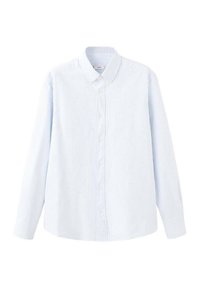 Camisa de manga larga a rayas azul claro y blanca, de algodón, con cuello abotonado, cierre delantero con botones, dobladillo curvado y puños estándar.