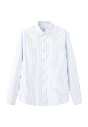 Svijetloplava i bijela prugasta košulja dugih rukava, pamučni materijal, ovratnik s gumbima, zatvaranje sprijeda na gumbe, zaobljeni rub i standardni manšeti.