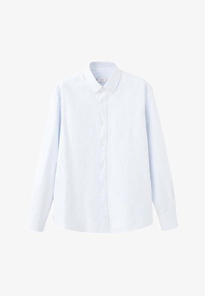 Light blue and white striped long-sleeve shirt, cotton material, button-down collar, front button closure, curved hem, and standard cuffs.