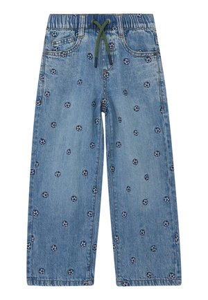 Niebieskie spodnie dżinsowe z elastycznym paskiem w talii i czarnym sznurkiem, ozdobione małymi ciemnoniebieskimi i białymi wzorami w kształcie łap.