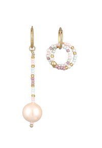 Guldøreringe med farverigt perle-design, der har en stor lyserød perle. Perlerne inkluderer lyserød, lavendel, hvid og guld accenter.