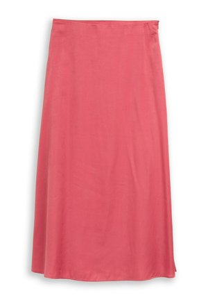 Coral pink, ankle-length skirt with a slight A-line silhouette and a discreet side zipper on a white background.