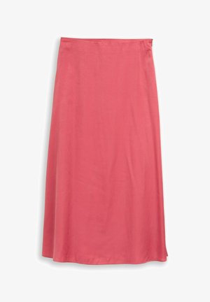 Koralgórzsta spódnica do kostek o delikatnym kroju w kształcie litery A i dyskretnym bocznym zamku błyskawicznym na białym tle.