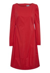 Rode jurk van een soepele stof met een vierkante halslijn, lange puffmouwen en een losse silhouette, met gerimpelde accenten bij de manchetten.
