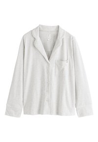 Haut de pyjama gris clair à manches longues avec fermeture à boutons, col cranté, poche poitrine et tissu doux.