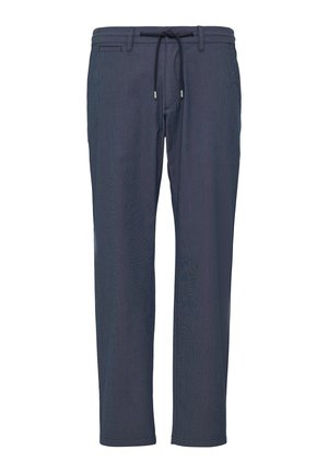 Marineblaue Hosen aus leichtem Material, mit einem elastischen Bund und einer Kordel zum Verstellen sowie einem geraden Bein.
