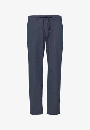 Navyblauwe broek gemaakt van lichtgewicht stof, met een elastische tailleband met een koord en een recht model.