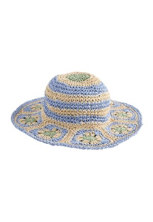 Sombrero de sol de paja trenzada con diseño de rayas azules y crema, acentos florales verdes y un ala ancha y caída.
