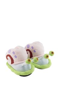 Plush snail slippers featuring a pink body with purple spots, green base, and large green eyes. Soft texture and cartoonish design.