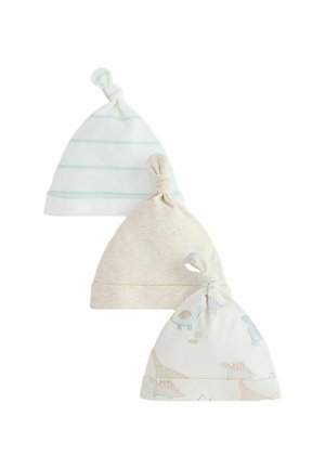 Three soft baby hats with knots: one white with green stripes, one plain beige, and one white with pastel dinosaur prints.
