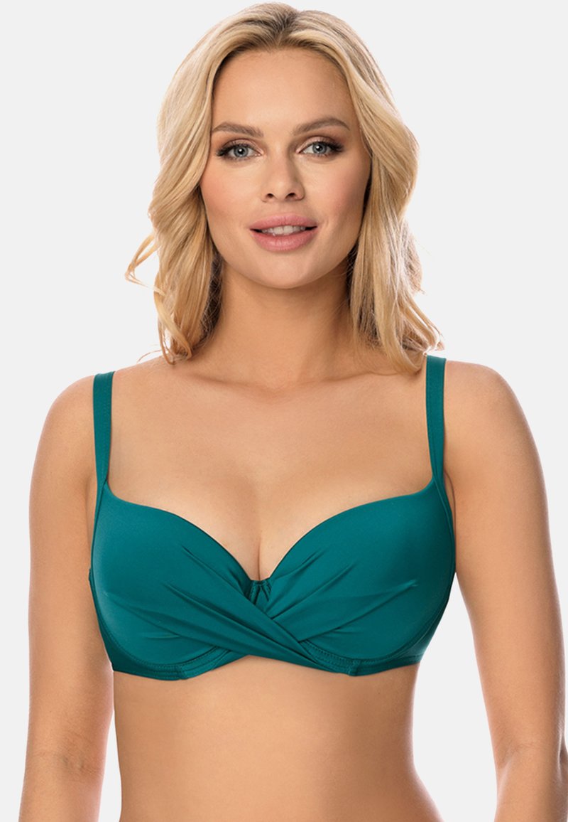 Bikini top w kolorze turkusowym z push-upem, z wywiniętym detalem na środku, regulowanymi ramiączkami i wsparciem w postaci fiszbin. Gładki materiał i usztywniane miseczki.