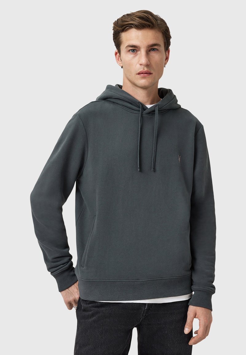Felpa grigia con cappuccio realizzata in materiale morbido, con tasca a marsupio e coulisse. Logo del marchio ricamato in modo discreto sul petto.