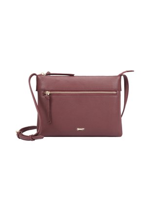 Kleine bordeauxrode leren crossbodytas met voorvak met rits, verstelbare band en een rits en logodetail in goudkleur.